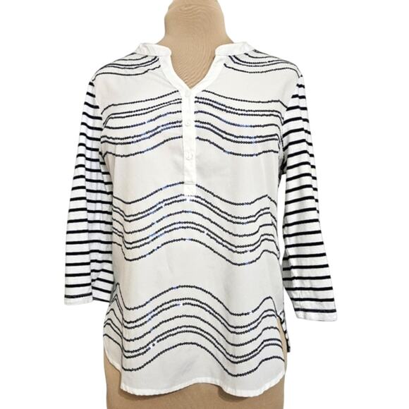 Chico's Sequin White Blue Striped Henley Pullover Top Medium Chico's 1 - Picture 1 of 11